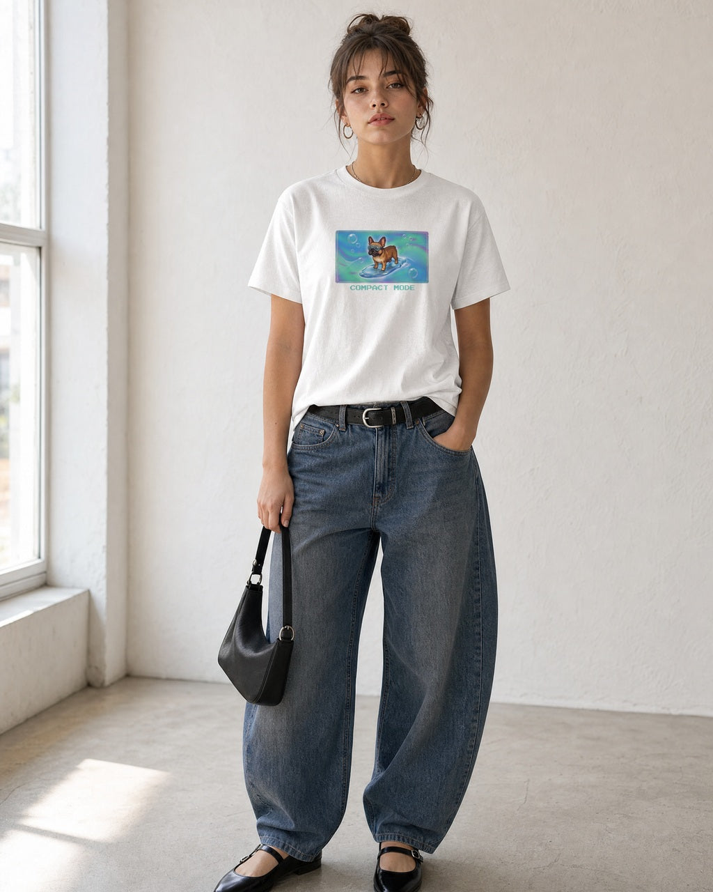 O's Tees Compact Mode French Bulldog Frutiger Aero Dogs graphic tee lifestyle image — White shirt, female shot 01, barrel denim mary jane