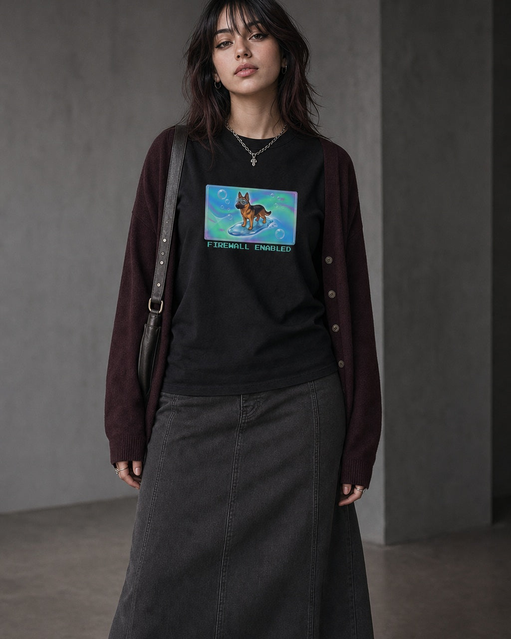 O's Tees Firewall Enabled German Shepherd Frutiger Aero Dogs graphic tee lifestyle image — Black shirt, female shot 02, charcoal maxi plum