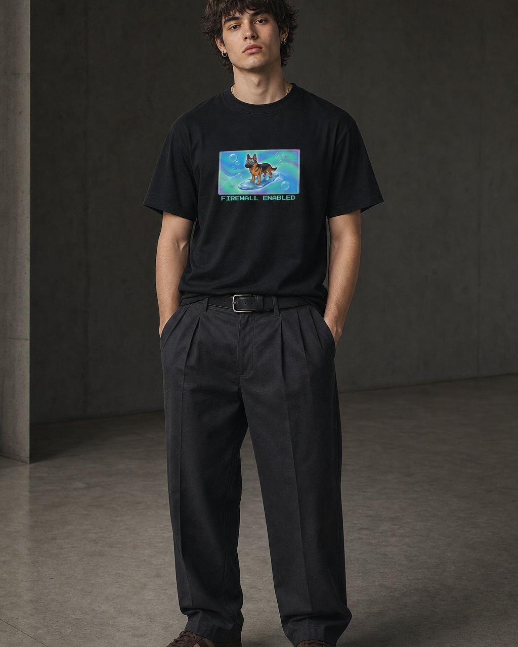 O's Tees Firewall Enabled German Shepherd Frutiger Aero Dogs graphic tee lifestyle image — Black shirt, male shot 01, charcoal pleated trouser