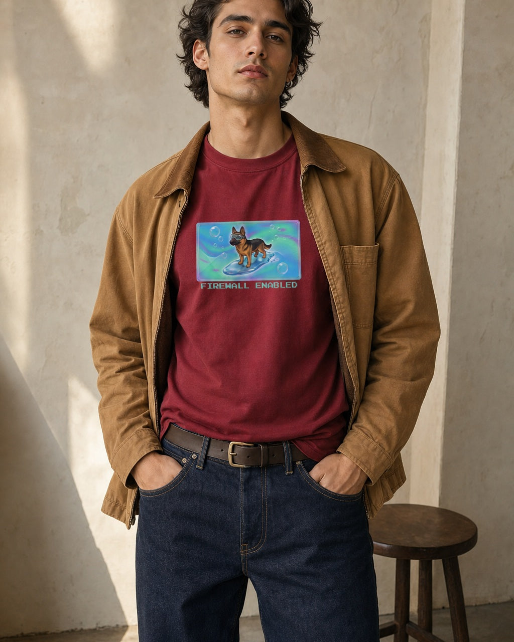 O's Tees Firewall Enabled German Shepherd Frutiger Aero Dogs graphic tee lifestyle image — Cardinal Red shirt, male shot 01, raw denim camel chore