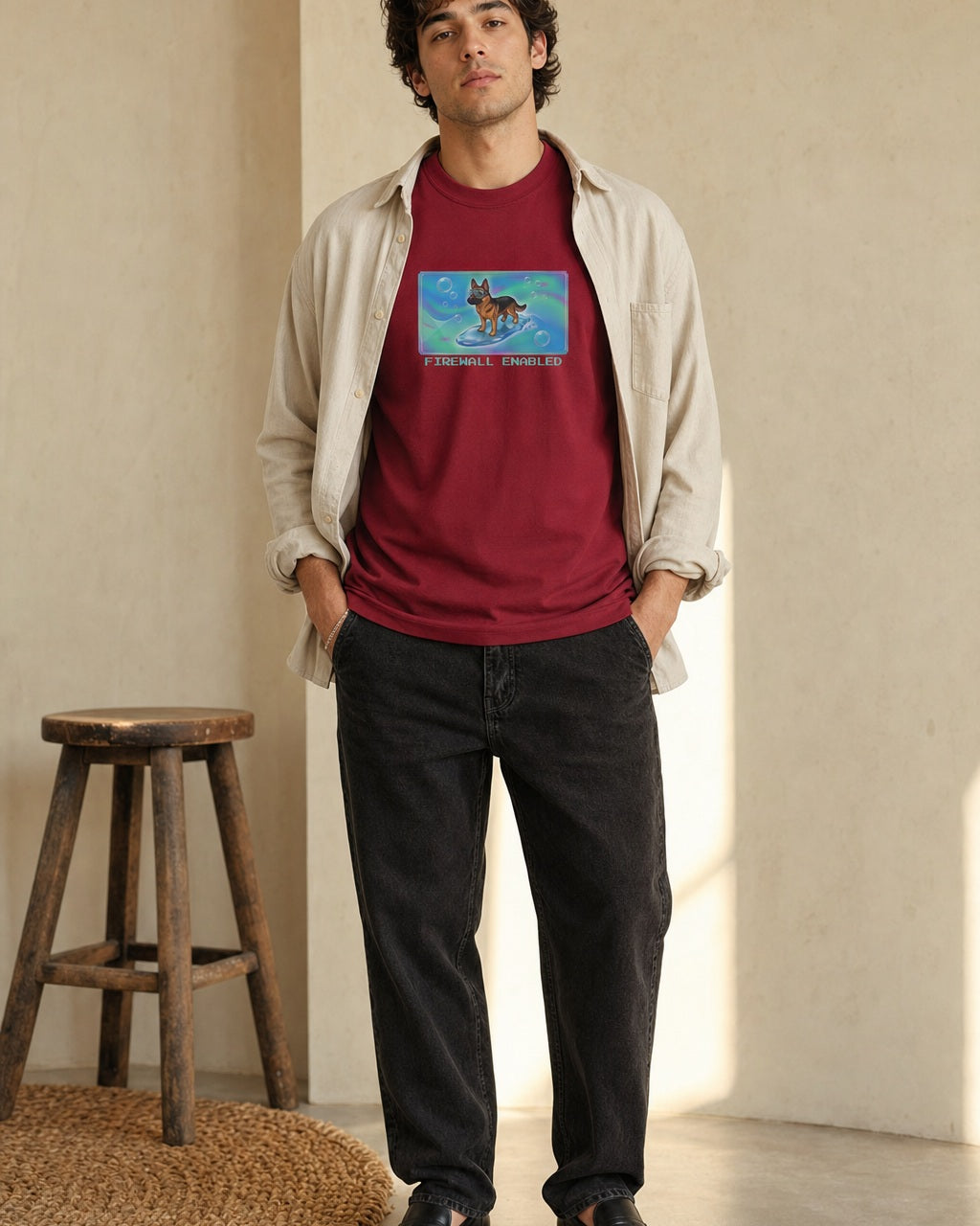 O's Tees Firewall Enabled German Shepherd Frutiger Aero Dogs graphic tee lifestyle image — Cardinal Red shirt, male shot 02, black jeans cream overshirt