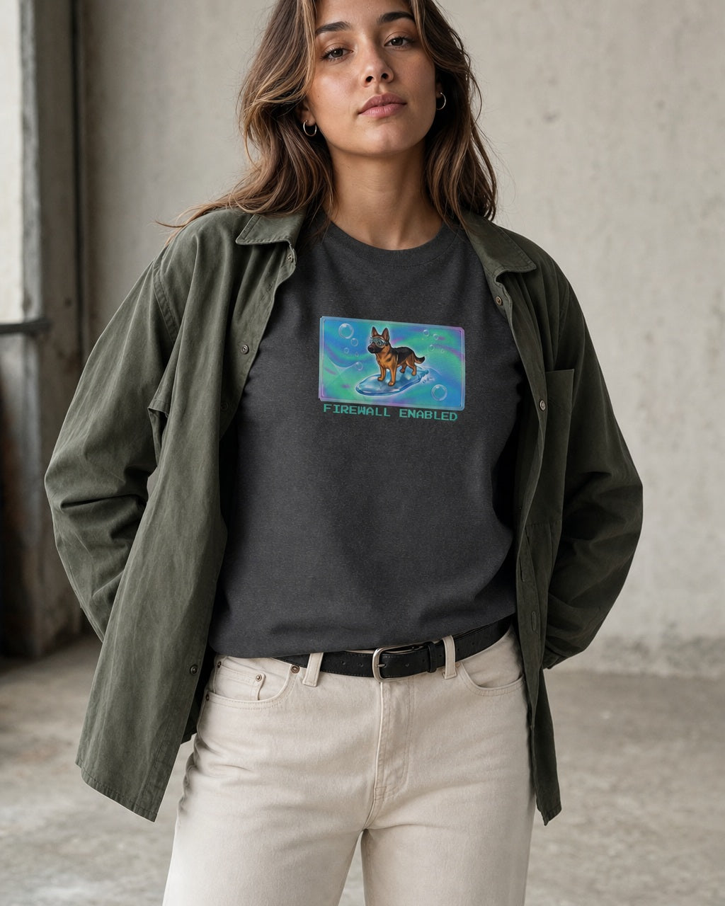 O's Tees Firewall Enabled German Shepherd Frutiger Aero Dogs graphic tee lifestyle image — Dark Heather shirt, female shot 01, ecru denim olive overshirt