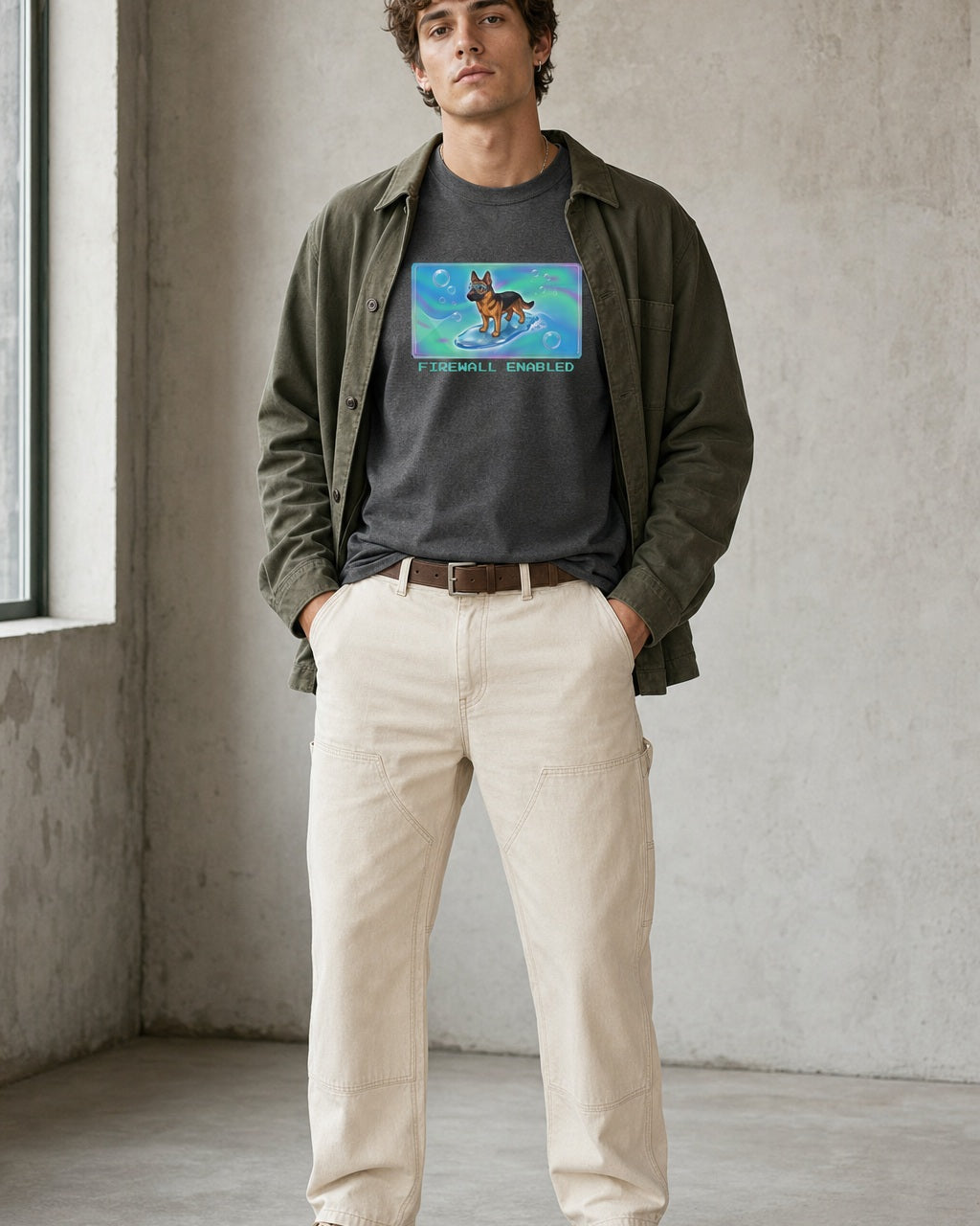 O's Tees Firewall Enabled German Shepherd Frutiger Aero Dogs graphic tee lifestyle image — Dark Heather shirt, male shot 01, ecru carpenter olive field