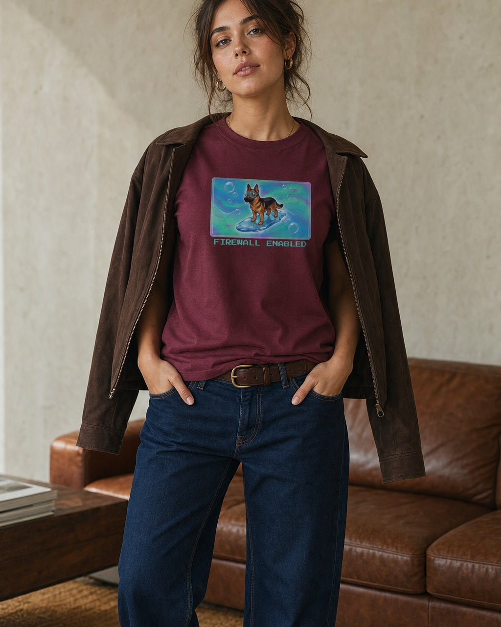 O's Tees Firewall Enabled German Shepherd Frutiger Aero Dogs graphic tee lifestyle image — Maroon shirt, female shot 01, deep indigo chocolate
