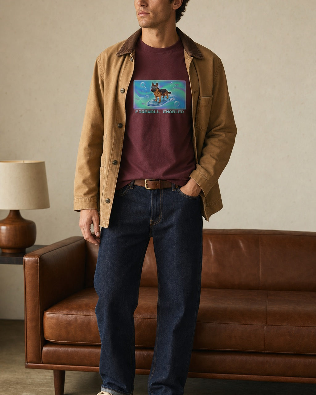 O's Tees Firewall Enabled German Shepherd Frutiger Aero Dogs graphic tee lifestyle image — Maroon shirt, male shot 01, raw denim camel