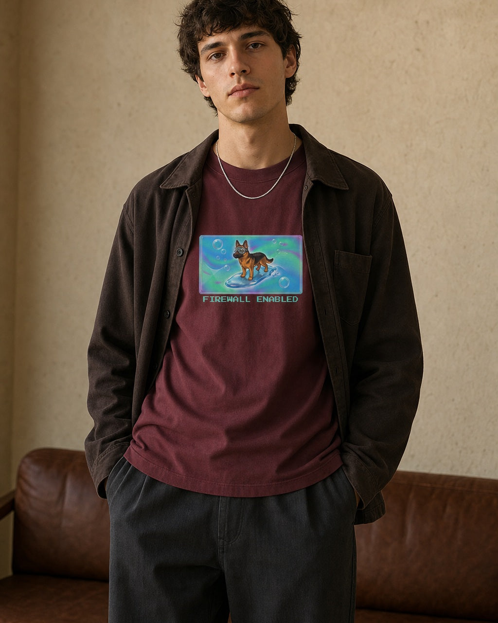 O's Tees Firewall Enabled German Shepherd Frutiger Aero Dogs graphic tee lifestyle image — Maroon shirt, male shot 02, charcoal workwear