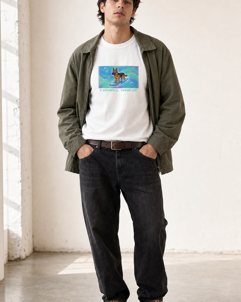 O's Tees Firewall Enabled German Shepherd Frutiger Aero Dogs graphic tee lifestyle image — White shirt, male shot 01, black denim field jacket