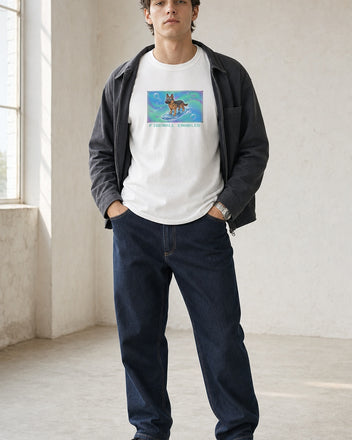 O's Tees Firewall Enabled German Shepherd Frutiger Aero Dogs graphic tee lifestyle image — White shirt, male shot 02, indigo workwear