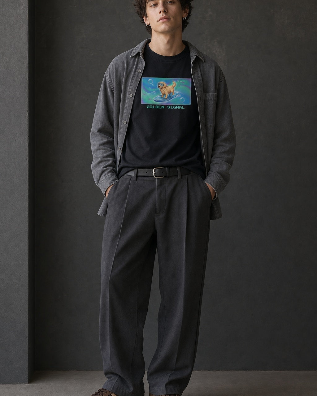 O's Tees Golden Signal Golden Retriever Frutiger Aero Dogs graphic tee lifestyle image — Black shirt, male shot 01, charcoal pleated trouser