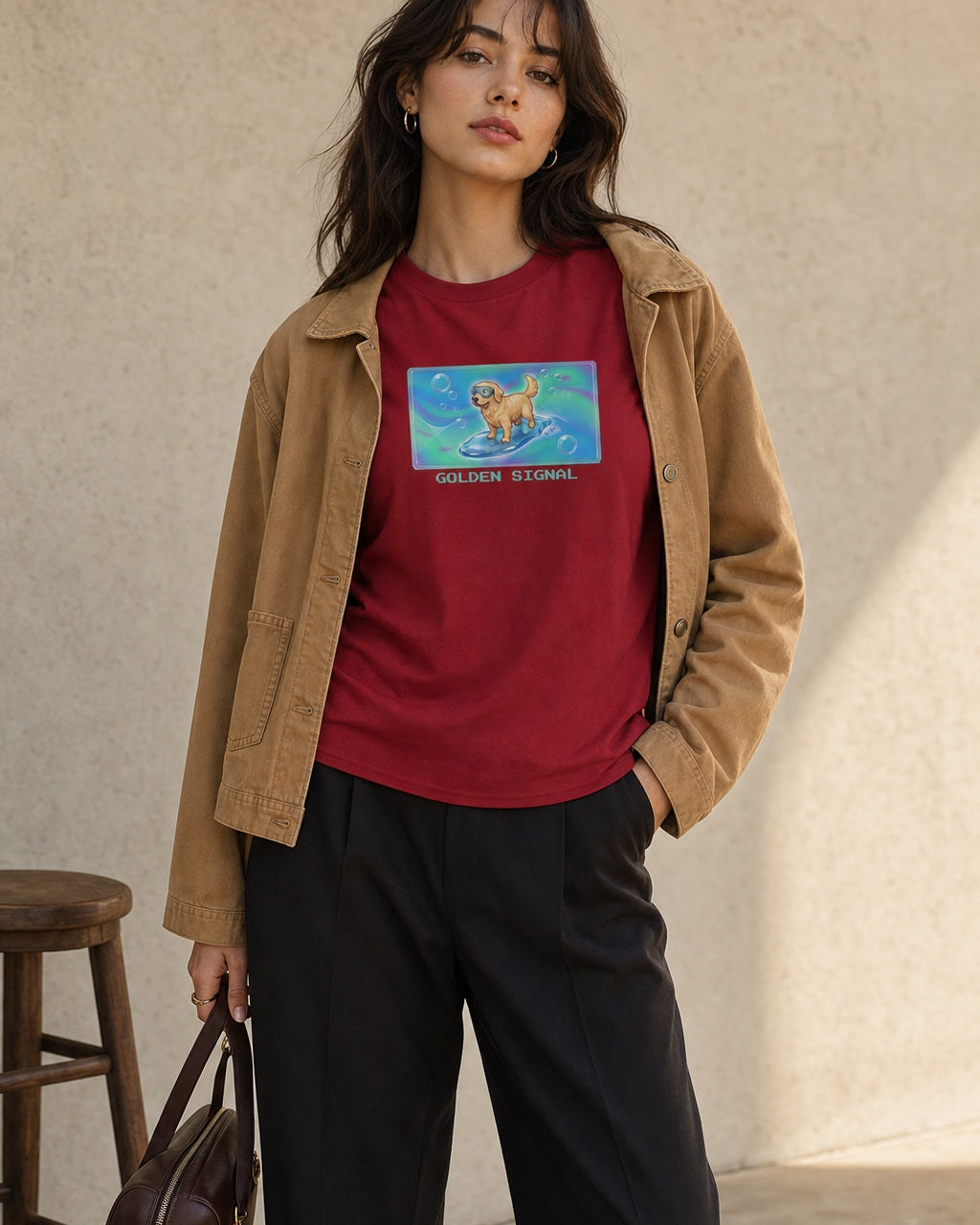 O's Tees Golden Signal Golden Retriever Frutiger Aero Dogs graphic tee lifestyle image — Cardinal Red shirt, female shot 02, black trouser camel jacket