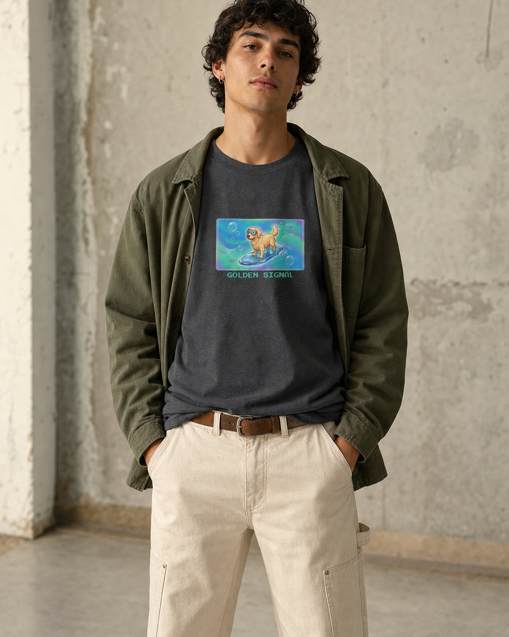 O's Tees Golden Signal Golden Retriever Frutiger Aero Dogs graphic tee lifestyle image — Dark Heather shirt, male shot 01, ecru carpenter olive field