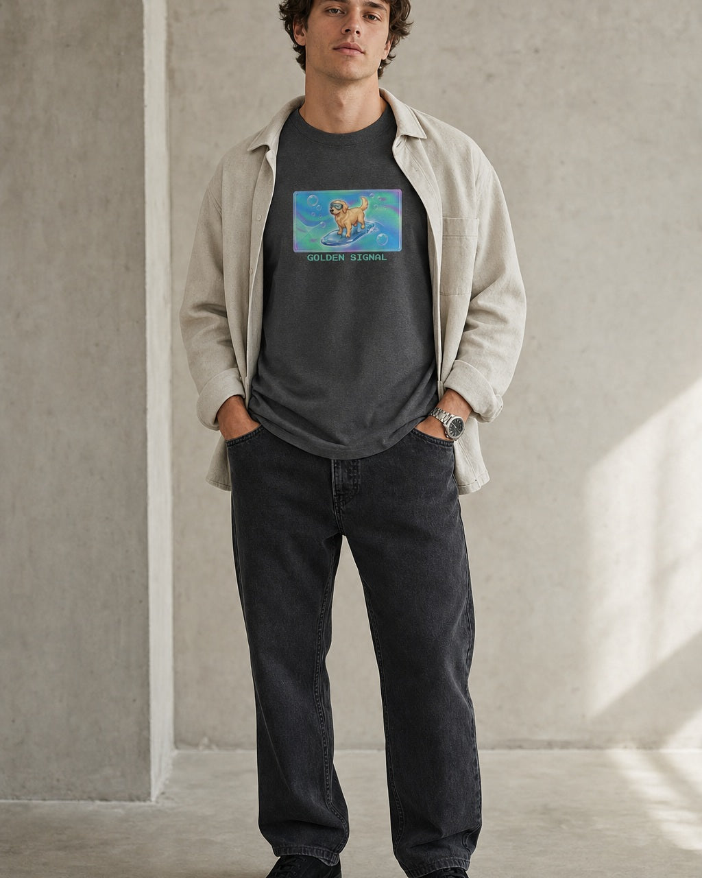 O's Tees Golden Signal Golden Retriever Frutiger Aero Dogs graphic tee lifestyle image — Dark Heather shirt, male shot 02, faded black denim stone overshirt