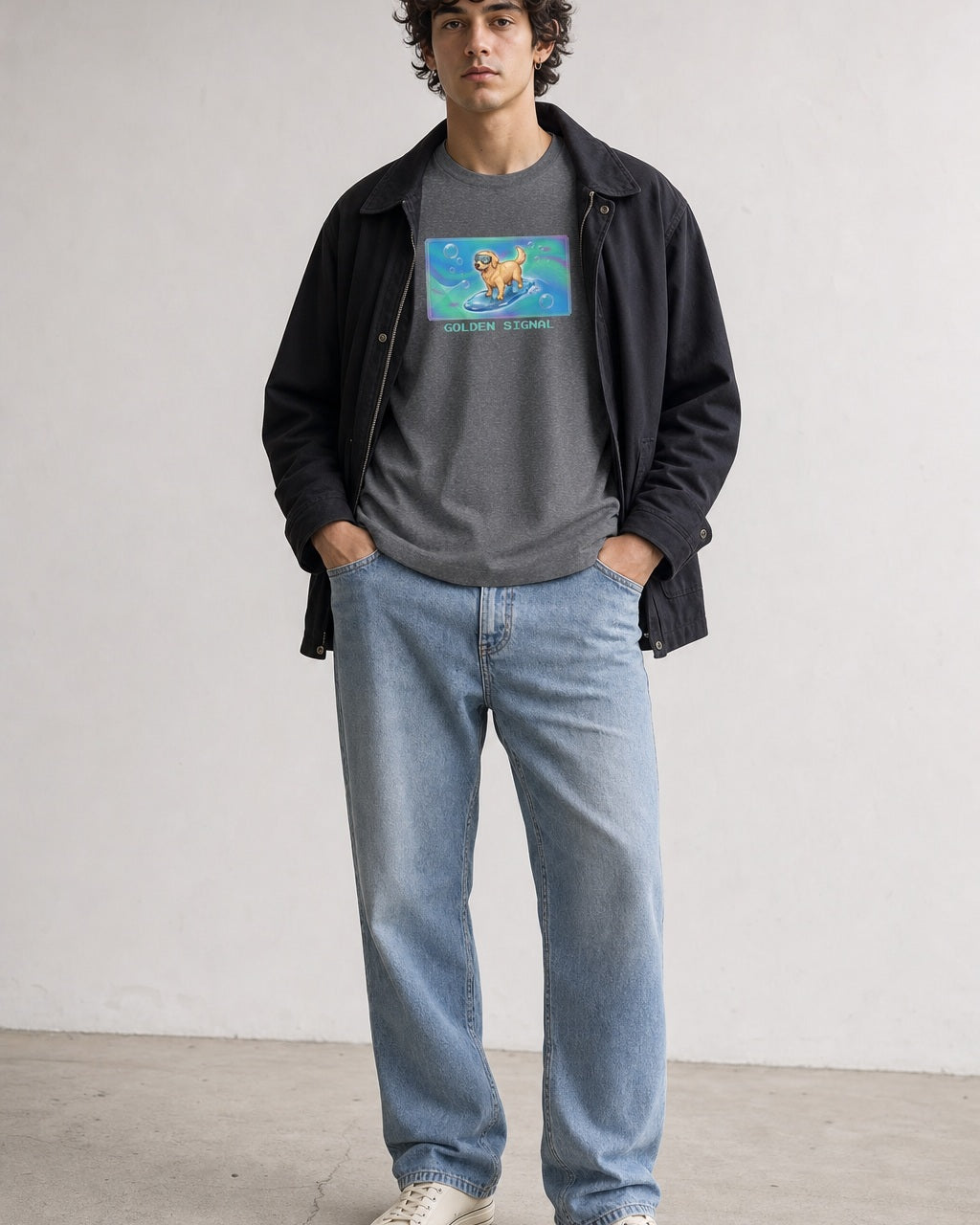 O's Tees Golden Signal Golden Retriever Frutiger Aero Dogs graphic tee lifestyle image — Graphite Heather shirt, male shot 02, light denim black field
