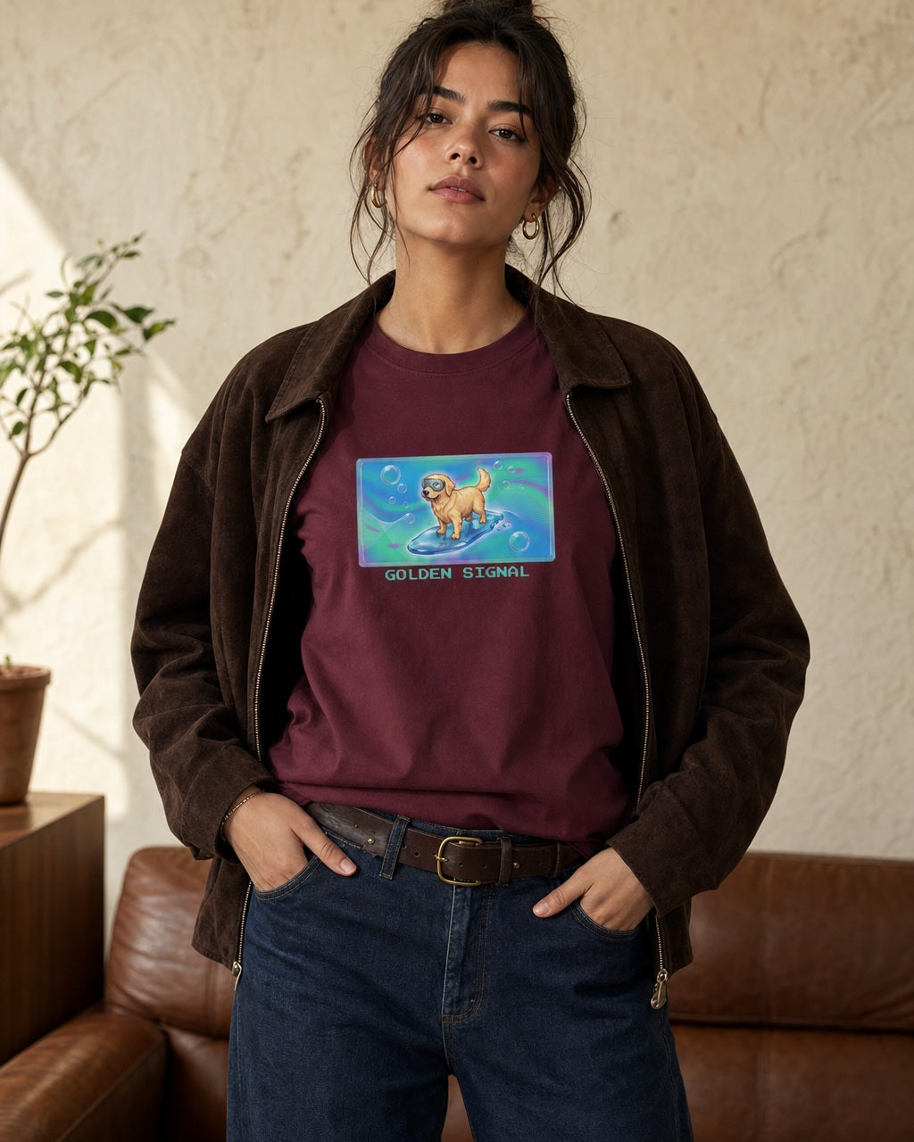 O's Tees Golden Signal Golden Retriever Frutiger Aero Dogs graphic tee lifestyle image — Maroon shirt, female shot 01, deep indigo chocolate