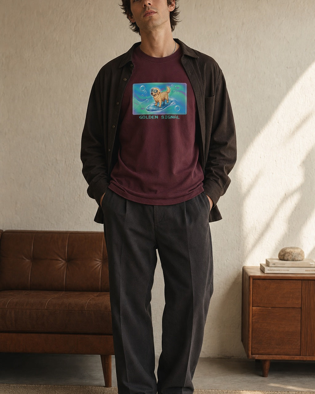 O's Tees Golden Signal Golden Retriever Frutiger Aero Dogs graphic tee lifestyle image — Maroon shirt, male shot 02, charcoal workwear