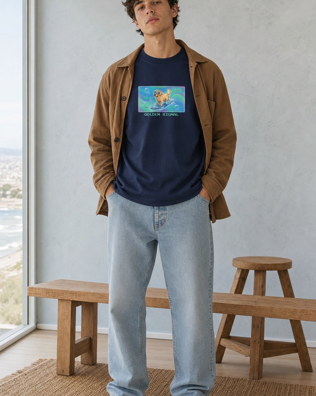 O's Tees Golden Signal Golden Retriever Frutiger Aero Dogs graphic tee lifestyle image — Navy shirt, male shot 02, light denim tobacco