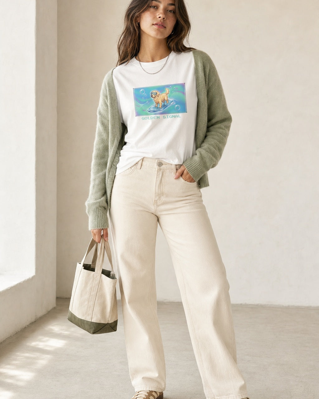 O's Tees Golden Signal Golden Retriever Frutiger Aero Dogs graphic tee lifestyle image — White shirt, female shot 02, sage cardigan cream denim