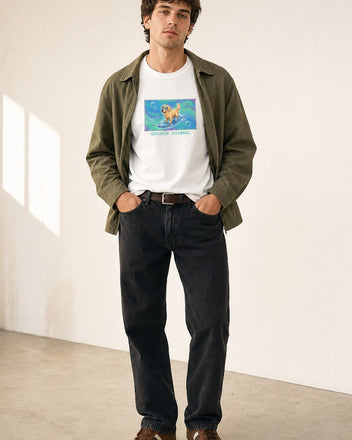 O's Tees Golden Signal Golden Retriever Frutiger Aero Dogs graphic tee lifestyle image — White shirt, male shot 01, black denim field jacket