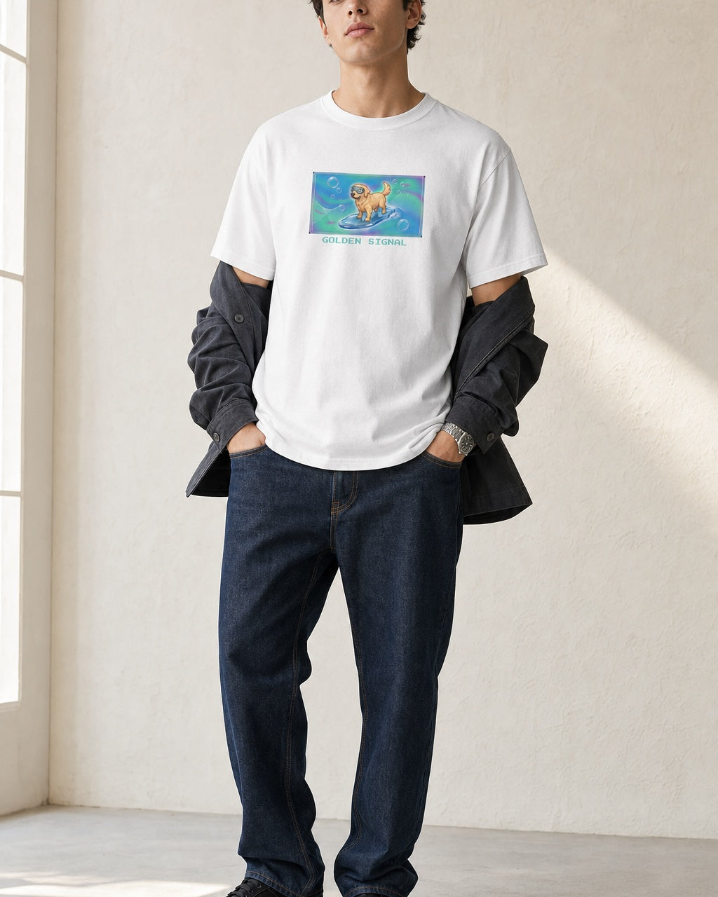 O's Tees Golden Signal Golden Retriever Frutiger Aero Dogs graphic tee lifestyle image — White shirt, male shot 02, indigo workwear