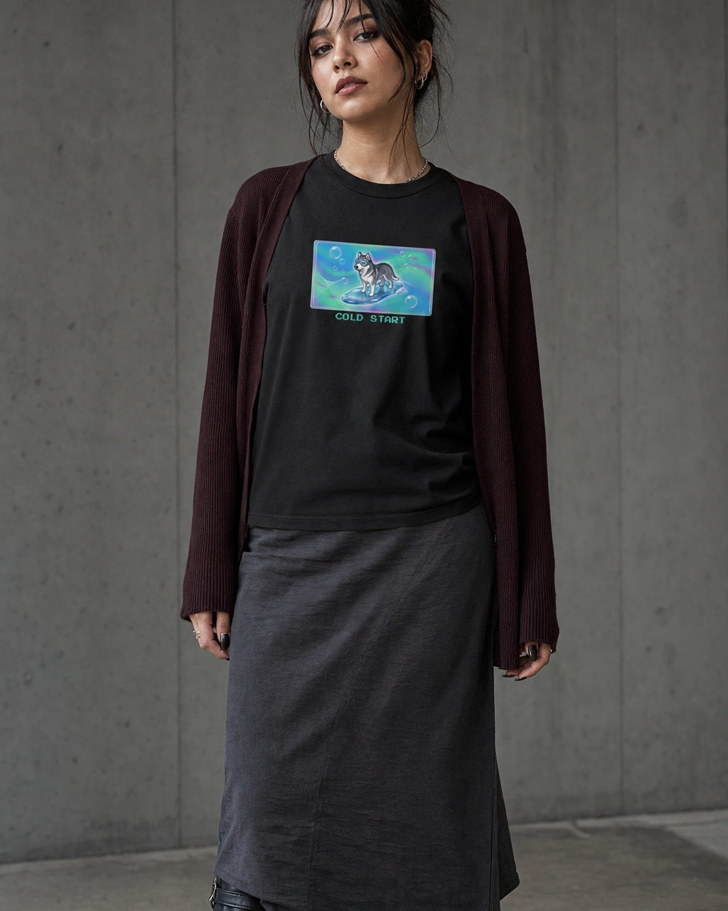 O's Tees Cold Start Husky Frutiger Aero Dogs graphic tee lifestyle image — Black shirt, female shot 02, charcoal maxi plum