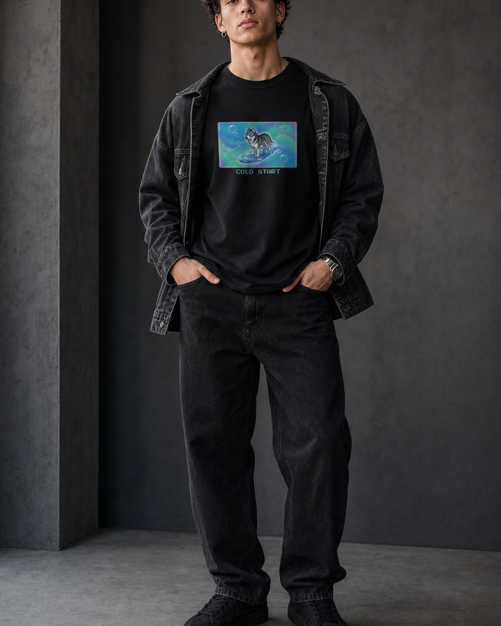 O's Tees Cold Start Husky Frutiger Aero Dogs graphic tee lifestyle image — Black shirt, male shot 02, washed black double denim