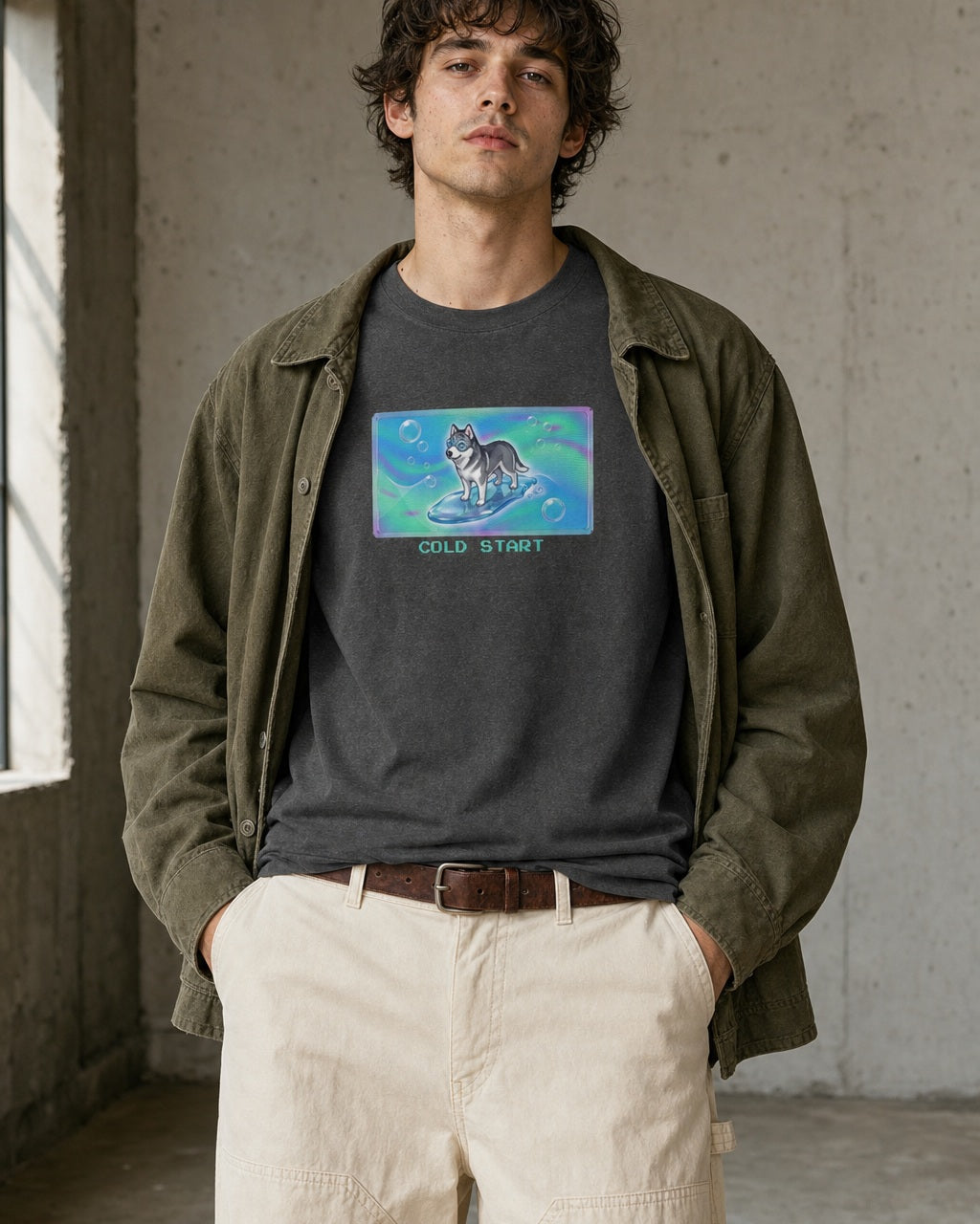 O's Tees Cold Start Husky Frutiger Aero Dogs graphic tee lifestyle image — Dark Heather shirt, male shot 01, ecru carpenter olive field