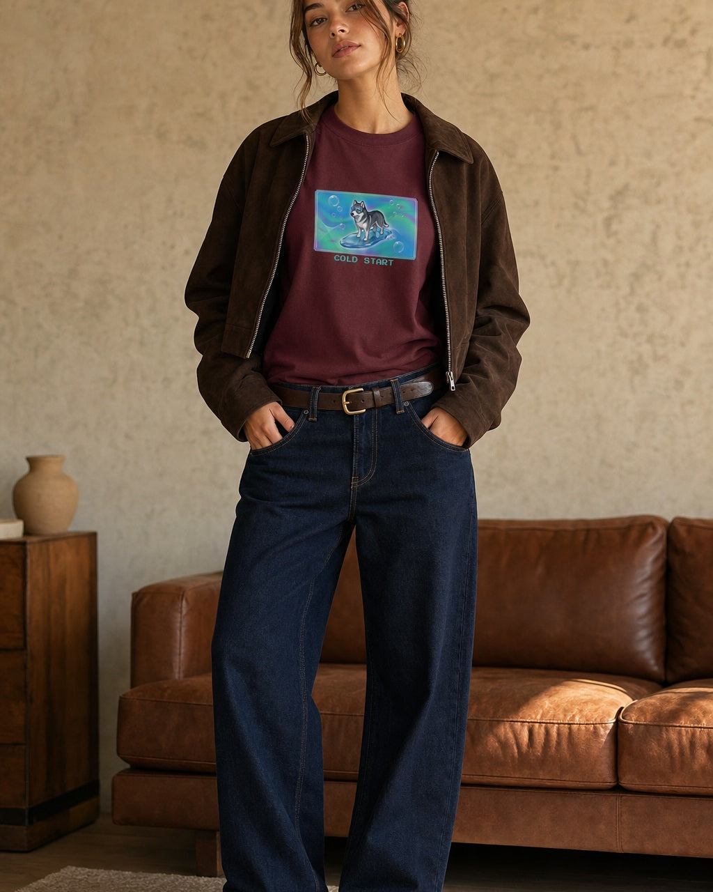 O's Tees Cold Start Husky Frutiger Aero Dogs graphic tee lifestyle image — Maroon shirt, female shot 01, deep indigo chocolate