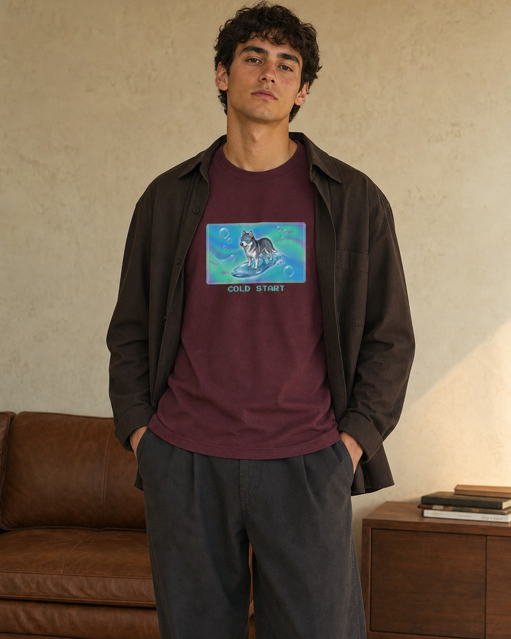 O's Tees Cold Start Husky Frutiger Aero Dogs graphic tee lifestyle image — Maroon shirt, male shot 02, charcoal workwear