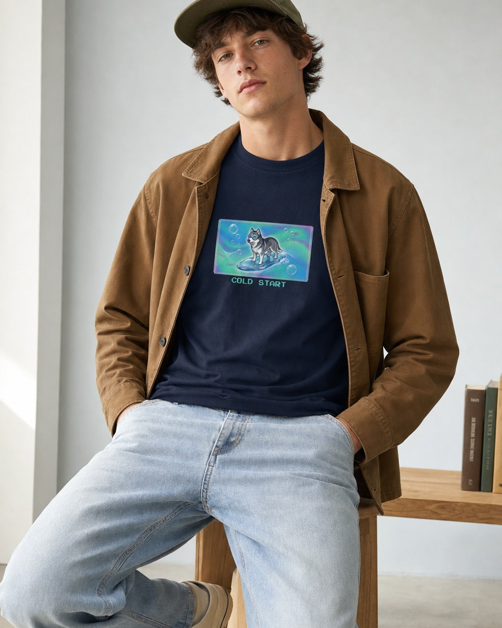 O's Tees Cold Start Husky Frutiger Aero Dogs graphic tee lifestyle image — Navy shirt, male shot 02, light denim tobacco