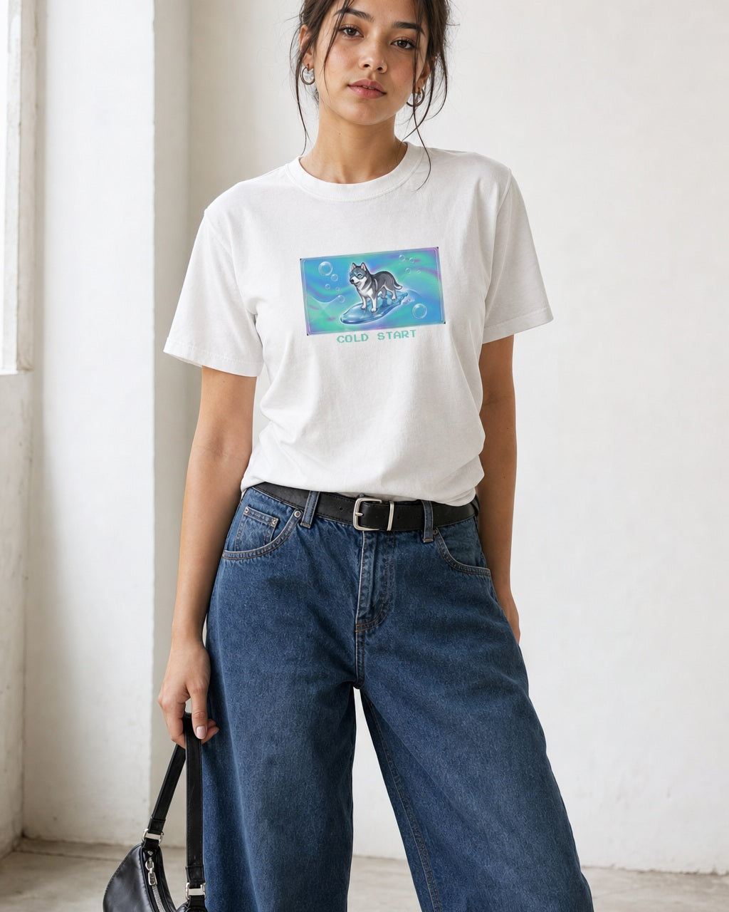 O's Tees Cold Start Husky Frutiger Aero Dogs graphic tee lifestyle image — White shirt, female shot 01, barrel denim mary jane