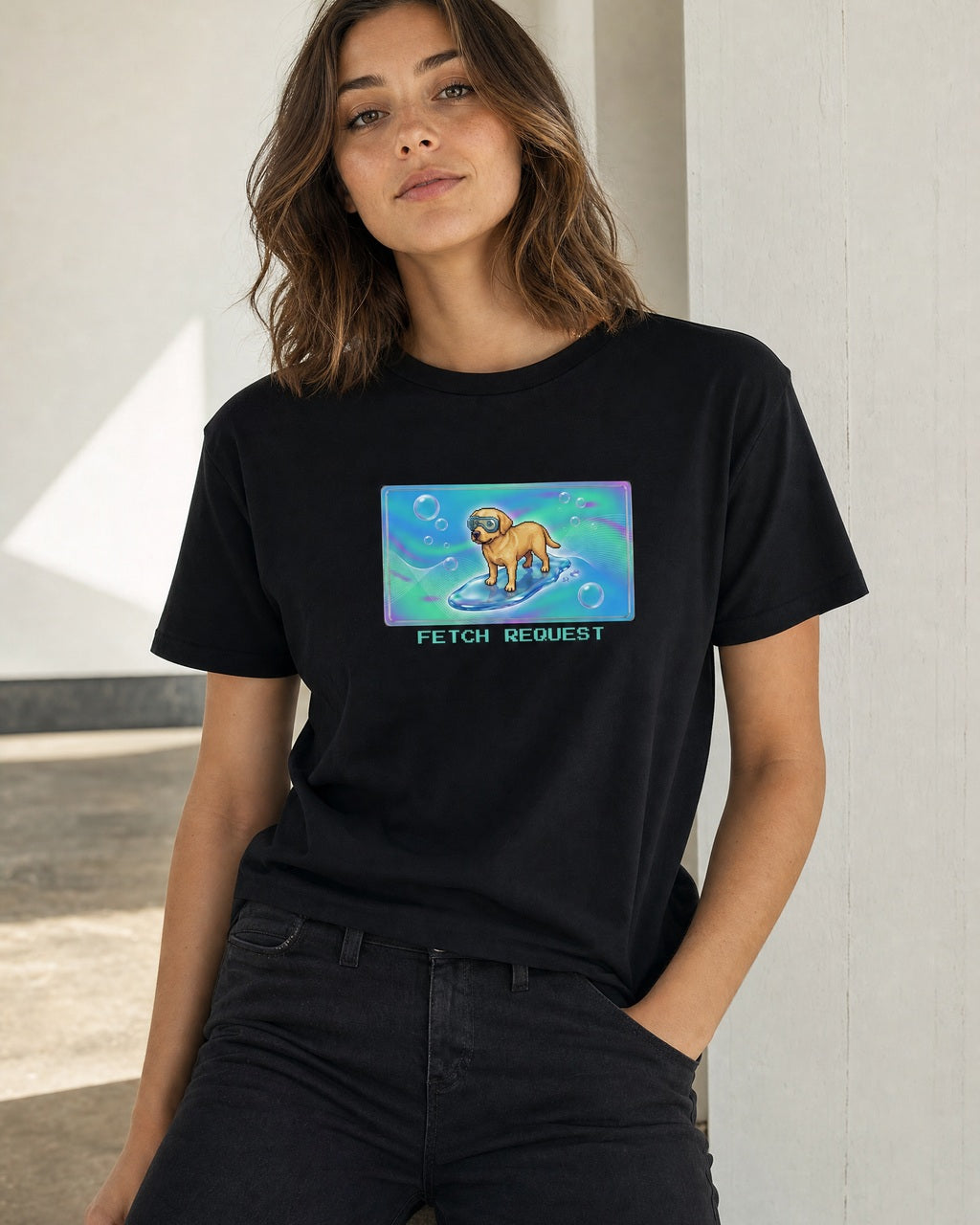 O's Tees Fetch Request Labrador Retriever Frutiger Aero Dogs graphic tee lifestyle mockup — Black shirt