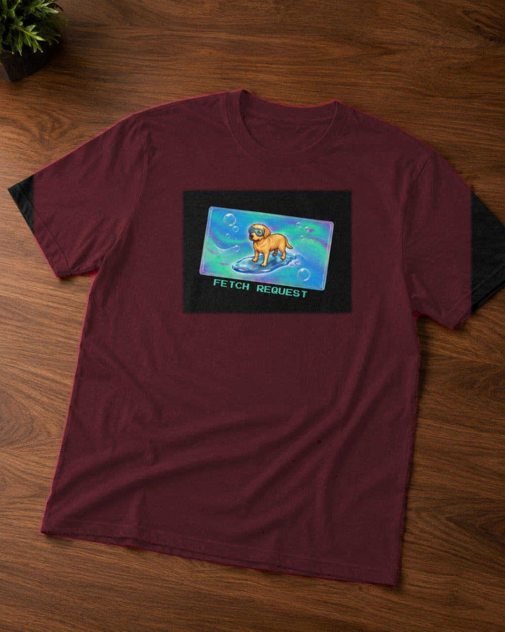 O's Tees Fetch Request Labrador Retriever Frutiger Aero Dogs graphic tee tabletop product image — Cardinal Red shirt