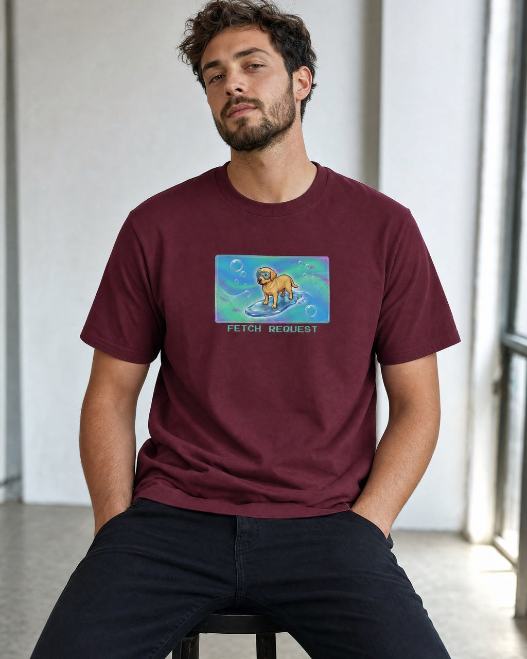 O's Tees Fetch Request Labrador Retriever Frutiger Aero Dogs graphic tee lifestyle mockup — Maroon shirt