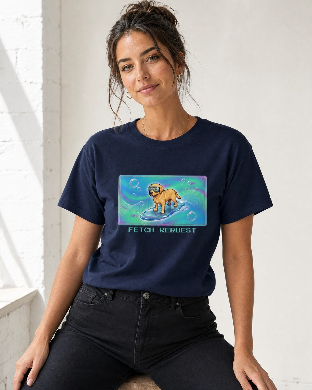 O's Tees Fetch Request Labrador Retriever Frutiger Aero Dogs graphic tee lifestyle mockup — Navy shirt