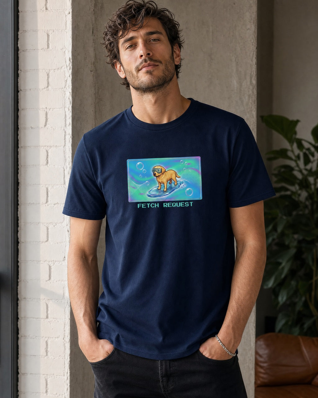 O's Tees Fetch Request Labrador Retriever Frutiger Aero Dogs graphic tee lifestyle mockup — Navy shirt