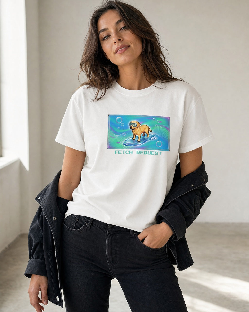 O's Tees Fetch Request Labrador Retriever Frutiger Aero Dogs graphic tee lifestyle mockup — White shirt