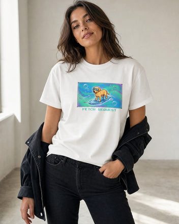 O's Tees Fetch Request Labrador Retriever Frutiger Aero Dogs graphic tee lifestyle mockup — White shirt