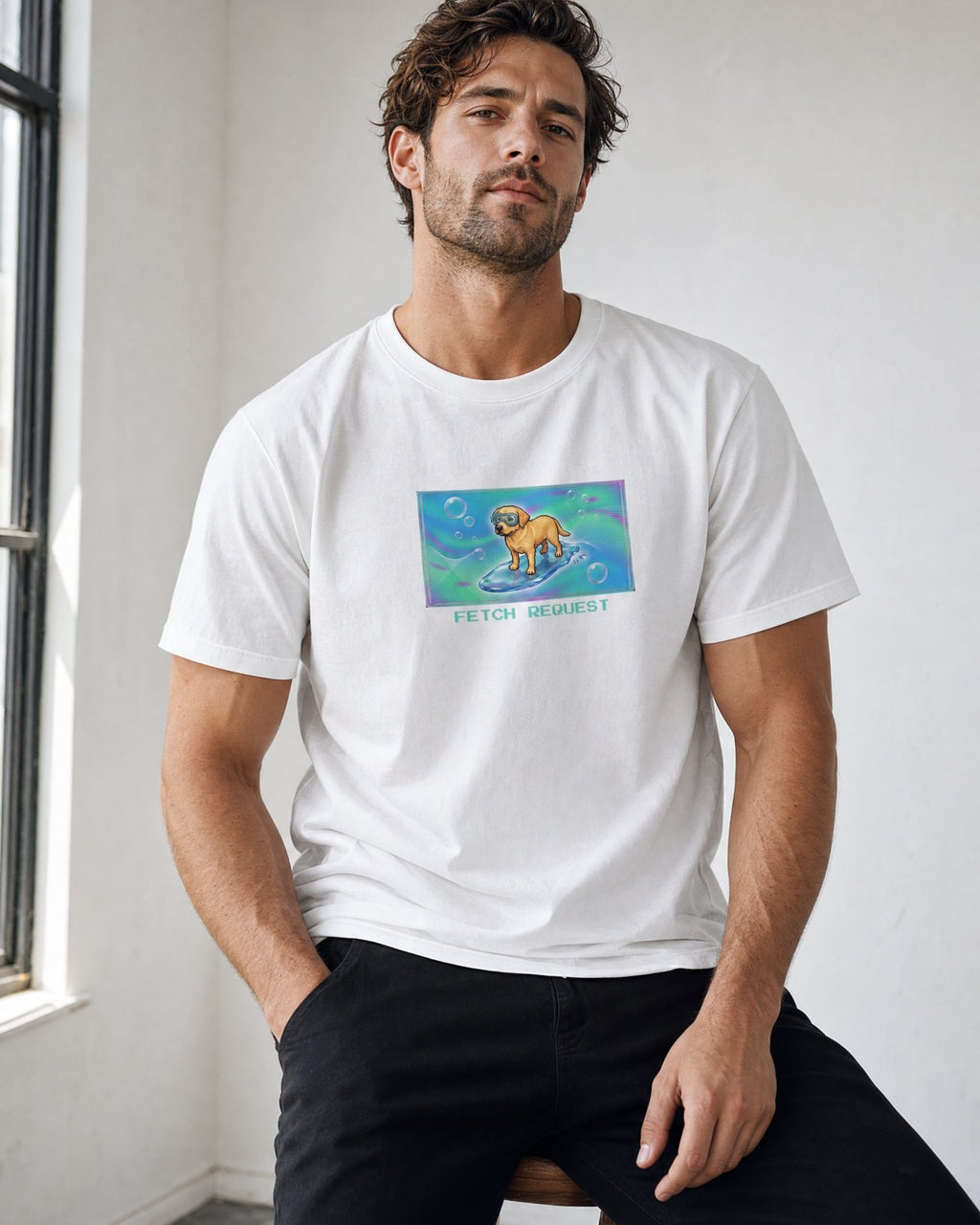O's Tees Fetch Request Labrador Retriever Frutiger Aero Dogs graphic tee lifestyle mockup — White shirt