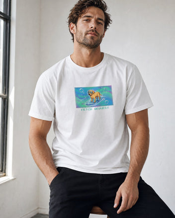 O's Tees Fetch Request Labrador Retriever Frutiger Aero Dogs graphic tee lifestyle mockup — White shirt