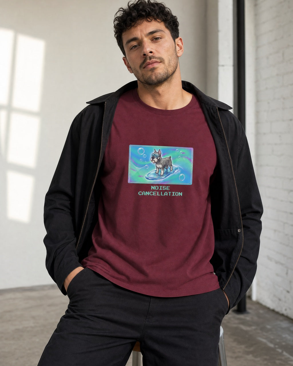 O's Tees Noise Cancellation Miniature Schnauzer Frutiger Aero Dogs graphic tee lifestyle mockup — Maroon shirt