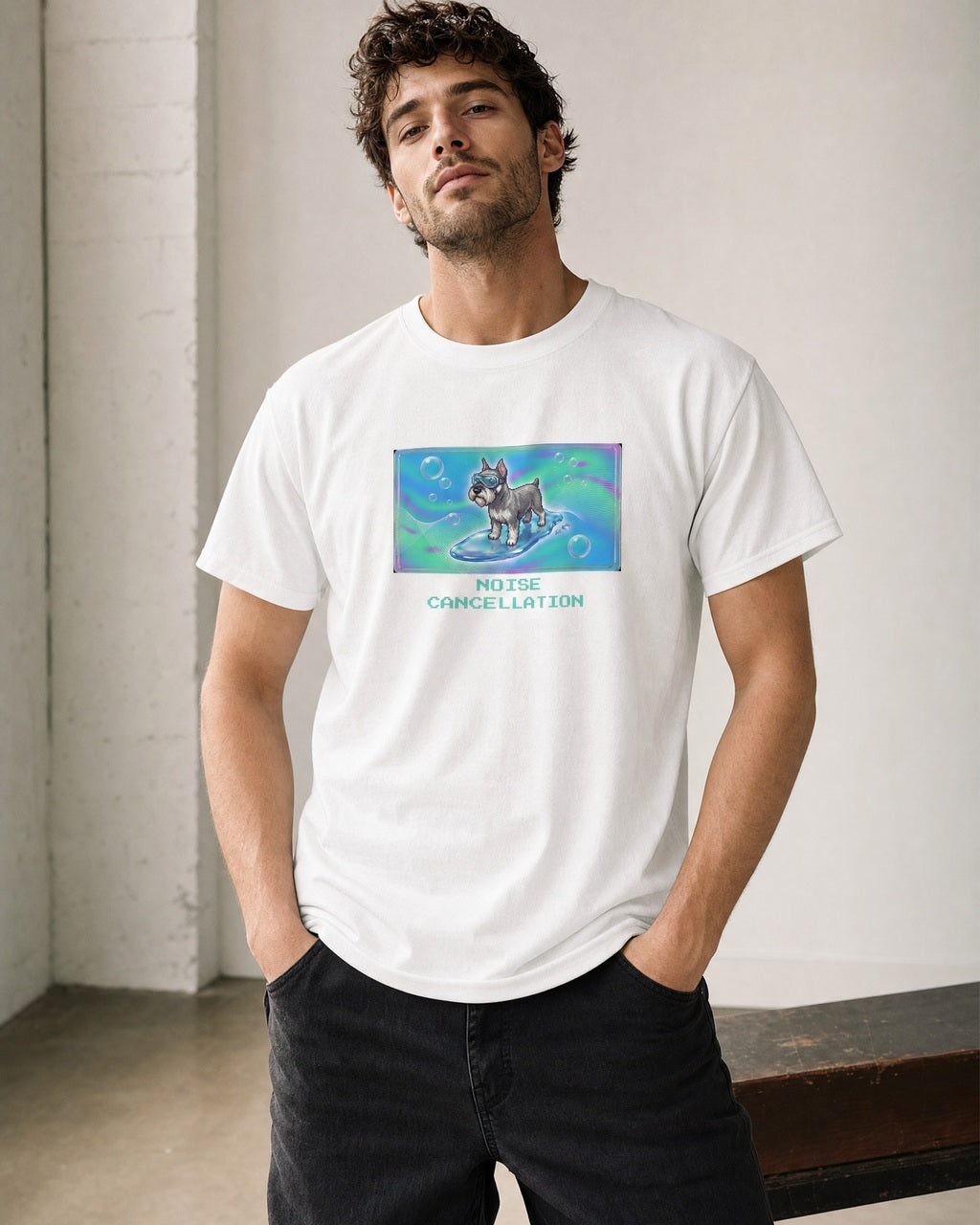 O's Tees Noise Cancellation Miniature Schnauzer Frutiger Aero Dogs graphic tee lifestyle mockup — White shirt