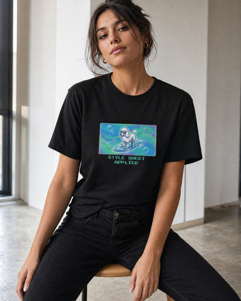 O's Tees Style Sheet Applied Poodle Frutiger Aero Dogs graphic tee lifestyle mockup — Black shirt
