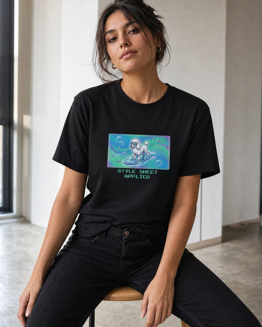 O's Tees Style Sheet Applied Poodle Frutiger Aero Dogs graphic tee lifestyle mockup — Black shirt