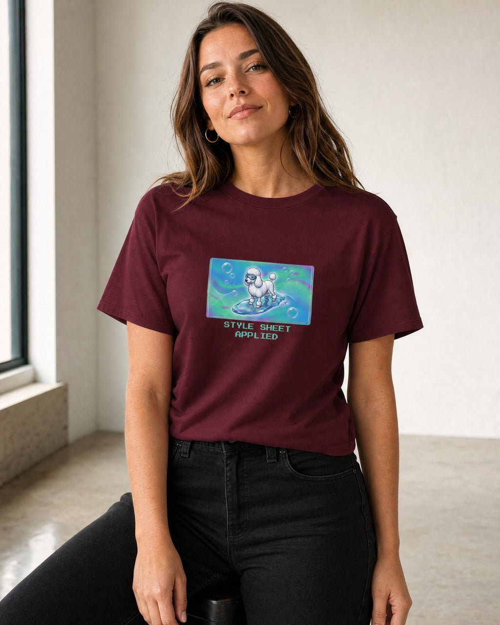 O's Tees Style Sheet Applied Poodle Frutiger Aero Dogs graphic tee lifestyle mockup — Maroon shirt