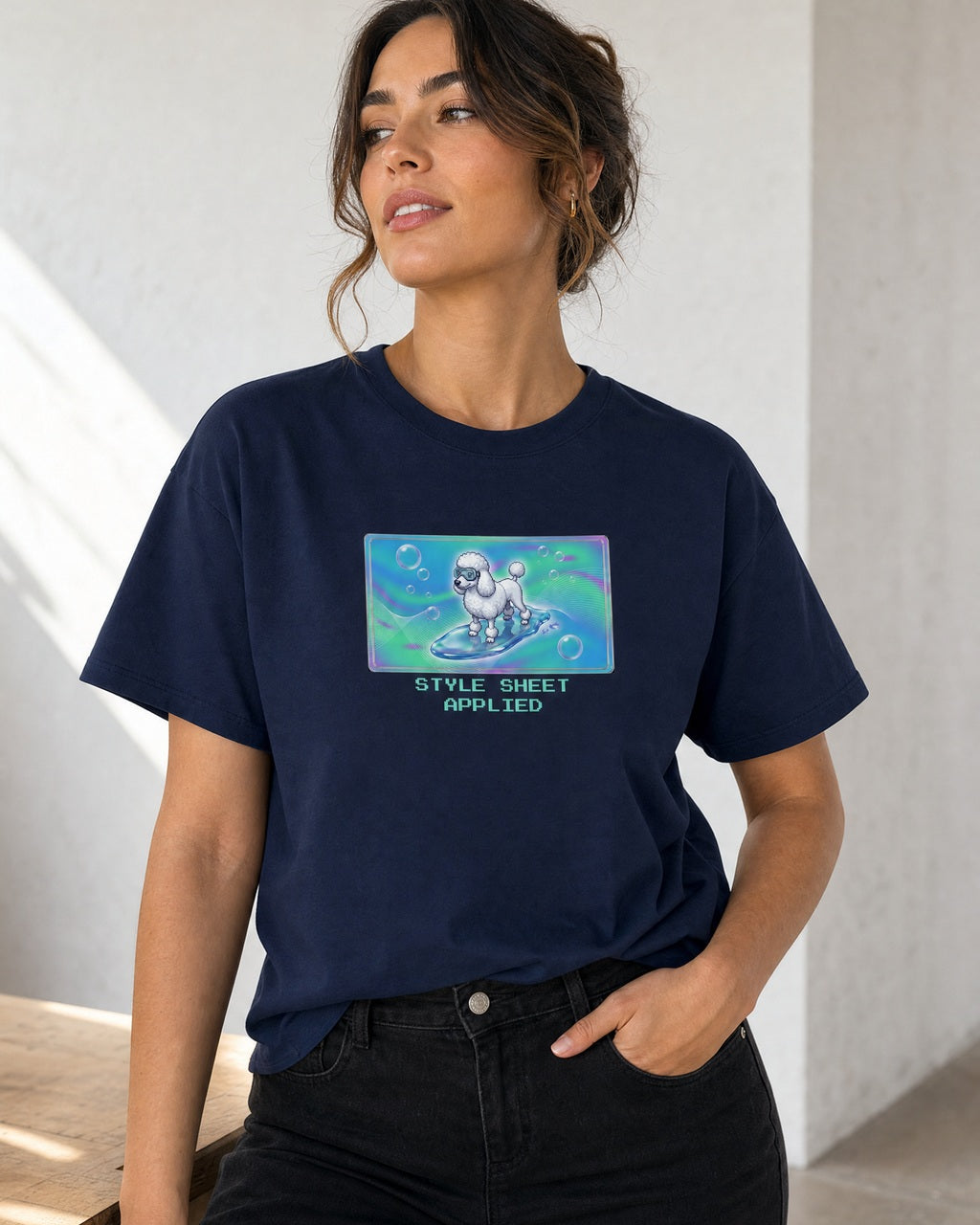 O's Tees Style Sheet Applied Poodle Frutiger Aero Dogs graphic tee lifestyle mockup — Navy shirt