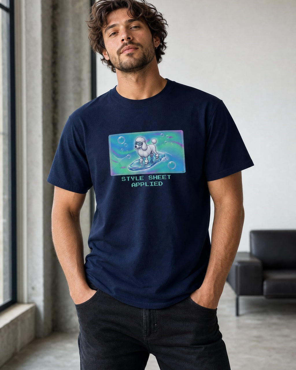 O's Tees Style Sheet Applied Poodle Frutiger Aero Dogs graphic tee lifestyle mockup — Navy shirt