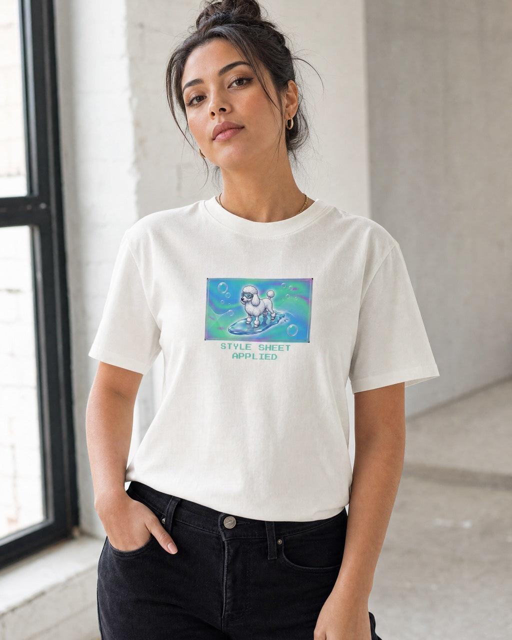 O's Tees Style Sheet Applied Poodle Frutiger Aero Dogs graphic tee lifestyle mockup — White shirt