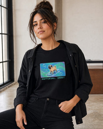 O's Tees Buffering… Snort Pug Frutiger Aero Dogs graphic tee lifestyle mockup — Black shirt