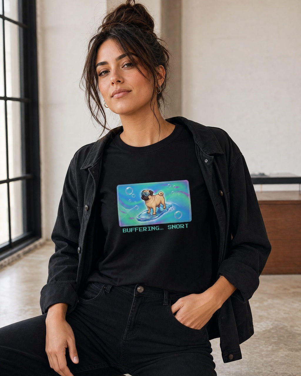 O's Tees Buffering… Snort Pug Frutiger Aero Dogs graphic tee lifestyle mockup — Black shirt