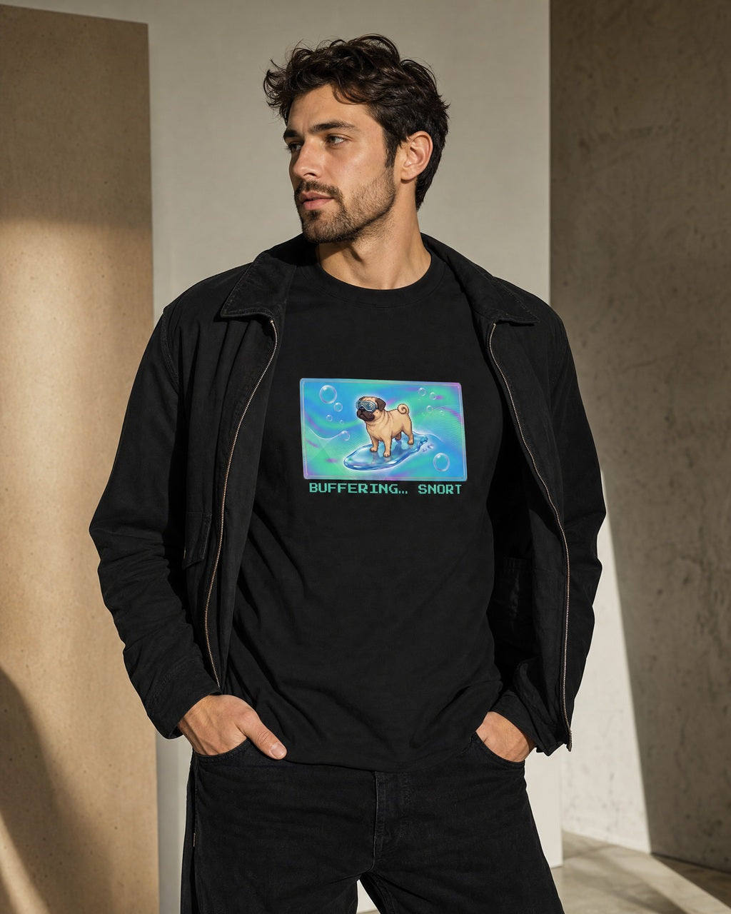 O's Tees Buffering… Snort Pug Frutiger Aero Dogs graphic tee lifestyle mockup — Black shirt
